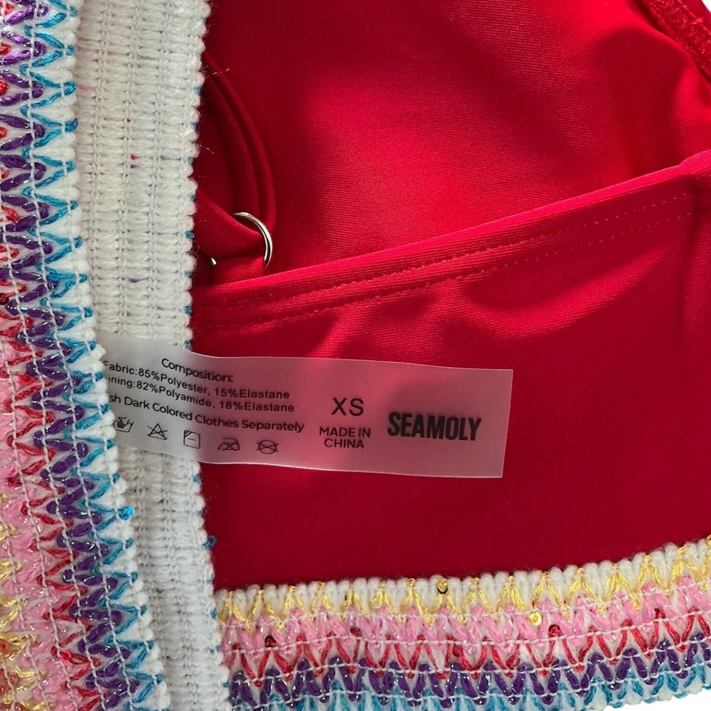 SEAMOLY Red Boho Rainbow Trim Bikini‎ Set High Waisted XS Beach Pool Gym Cruise - Picture 5 of 12